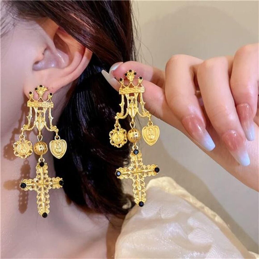 Vintage Rhinestone Cross Drop Earrings | Medieval Church-Inspired Statement